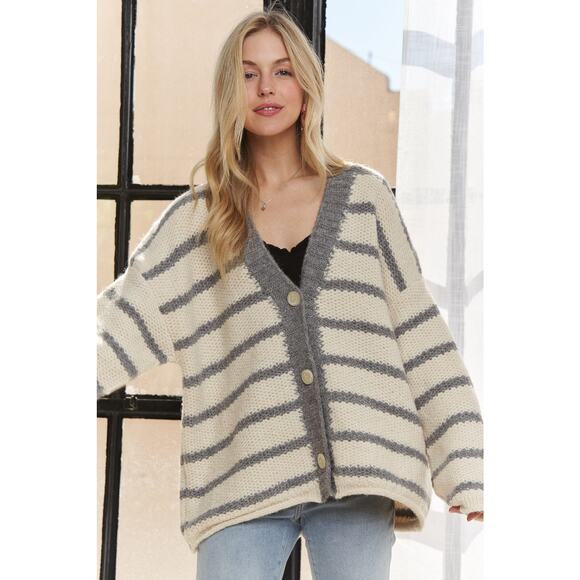 ADORA Horizontally Striped Print Long Sleeves Buttoned Sweater Cardigan | Blue - Picture 6 of 8